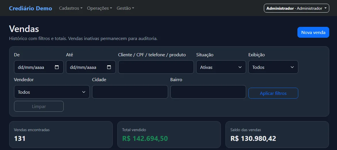 Tela demonstrativa: Gestão de Vendas